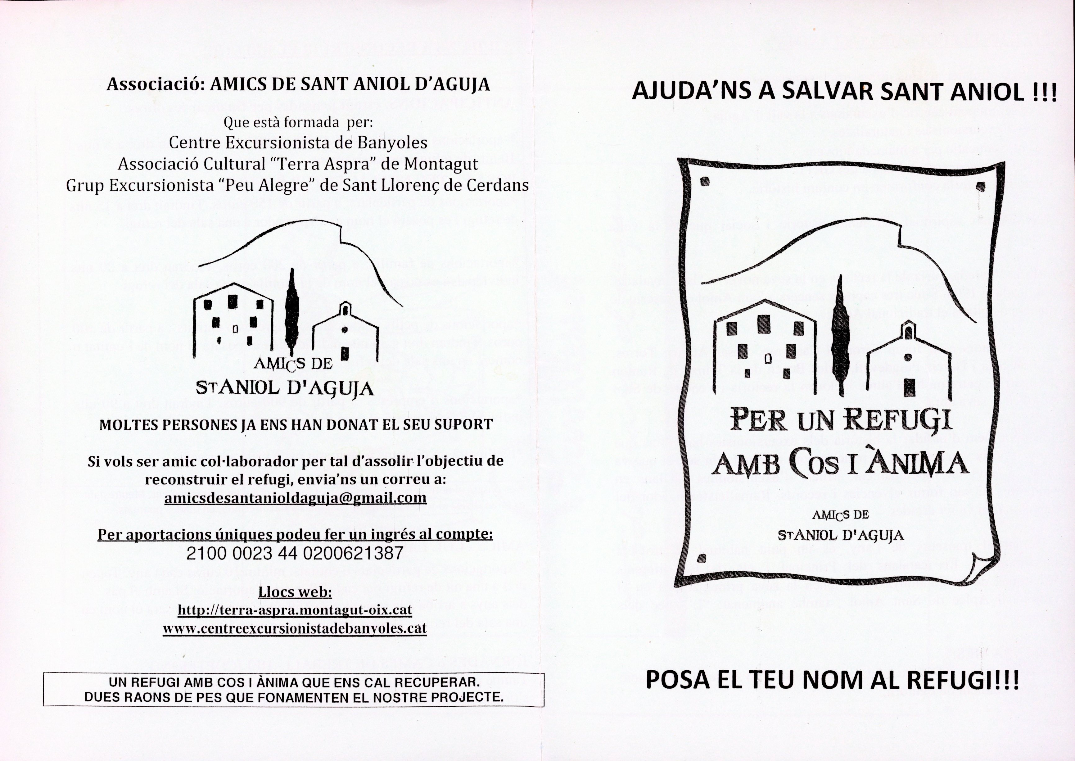 Ajuda'ns a salvar Sant Aniol !!! : Per un refugi amb cos i ànima : Posa el teu nom al refugi - Portada